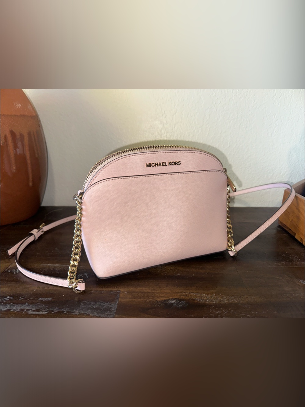 Michael Kors Light Pink Saffiano Crossbody with Gold Chain